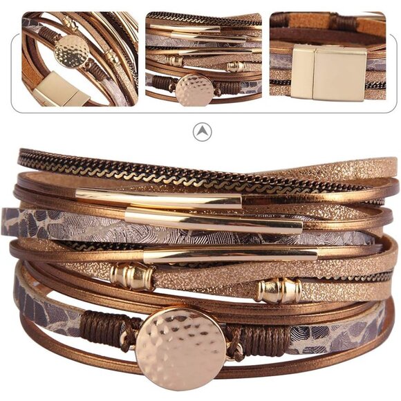 Fashionable Leather Bracelet for Women with Gold Tube - Perfect for Any Occasion - Picture 2 of 7
